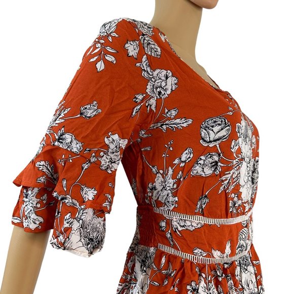 Women Boho Dress Medium M Orange White Floral Hem Ruffled Backless Elastic Waist - Picture 10 of 16